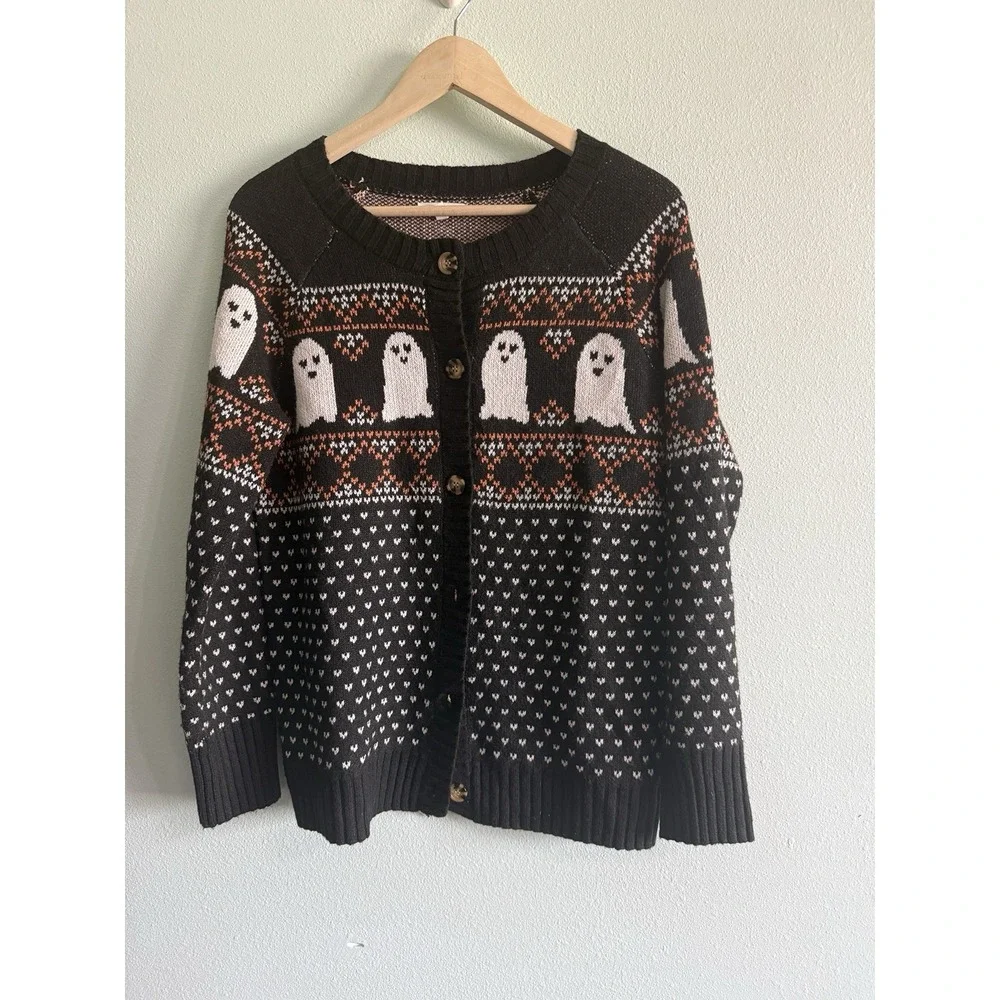 Maurices Cardigan Women Medium Black Ghost Fair Isle Halloween Button Up Sweater